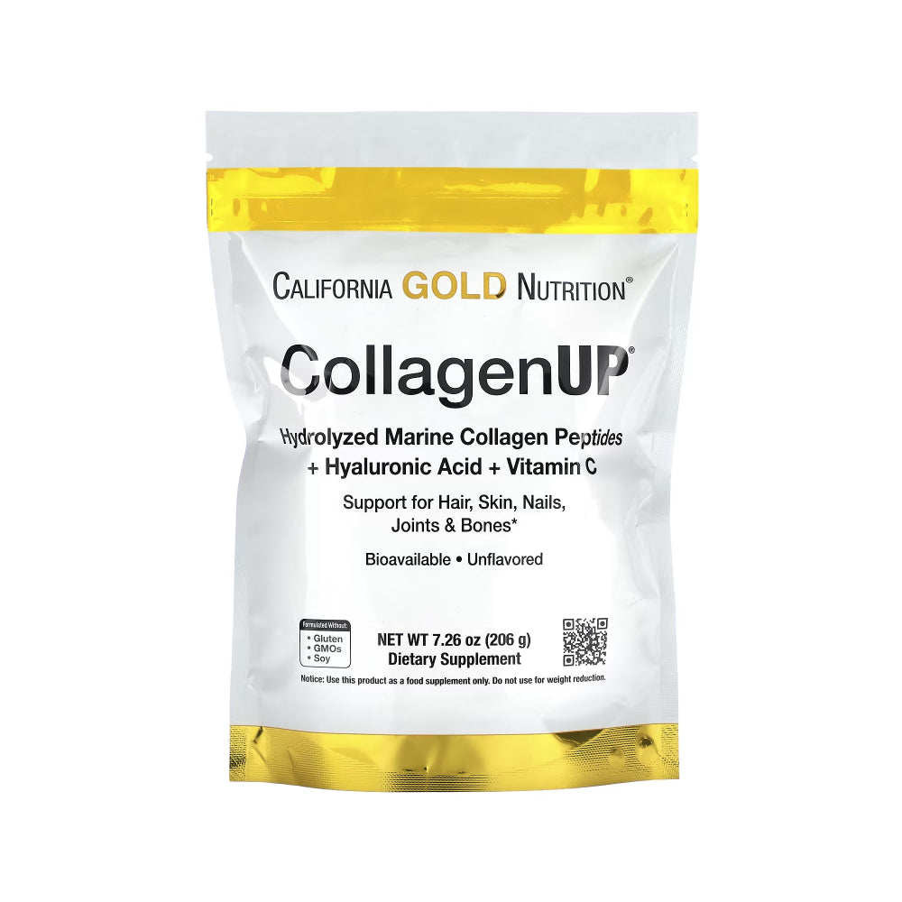 California Gold Nutrition Marine Collagen Powder with Hyaluronic Acid and Vitamin C, 206g, in a transparent jar with scoop inside