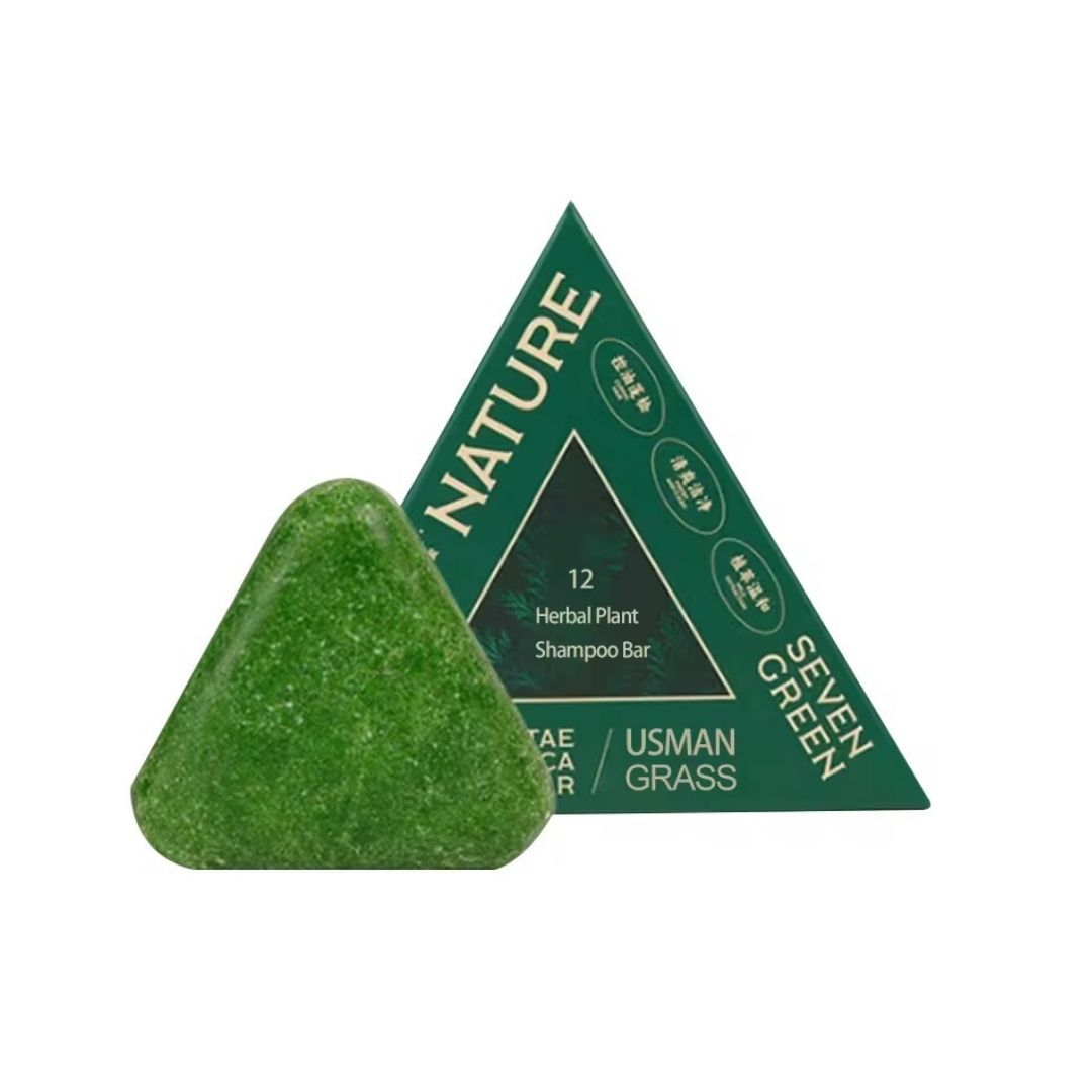 Seven Green Nature Original Herbal Hair Care Soap bar with natural green herbs, showcasing a herbal soap for healthy hair care.