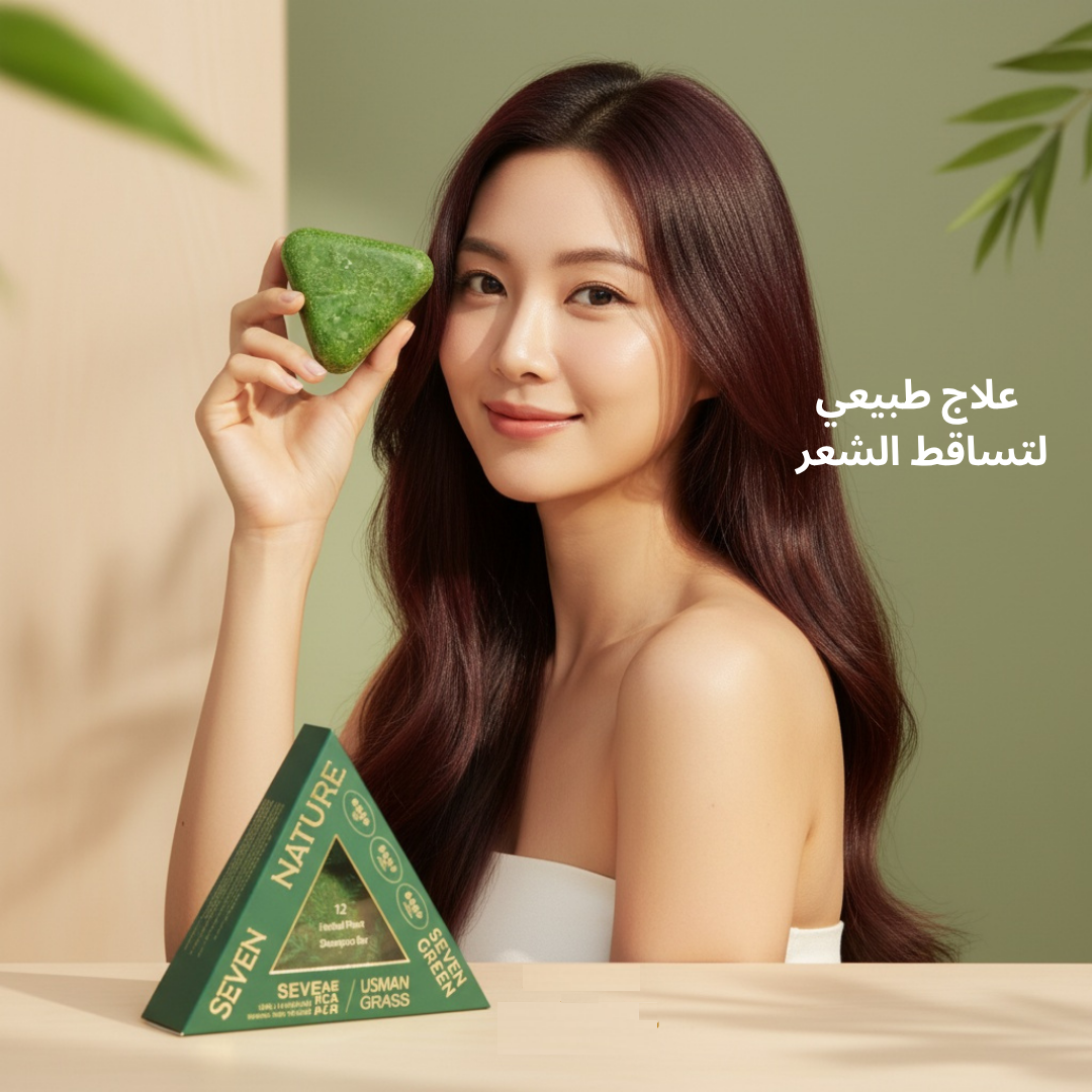 Seven Green herbal hair care soap bar featuring natural green herbal ingredients and packaging on a white background.