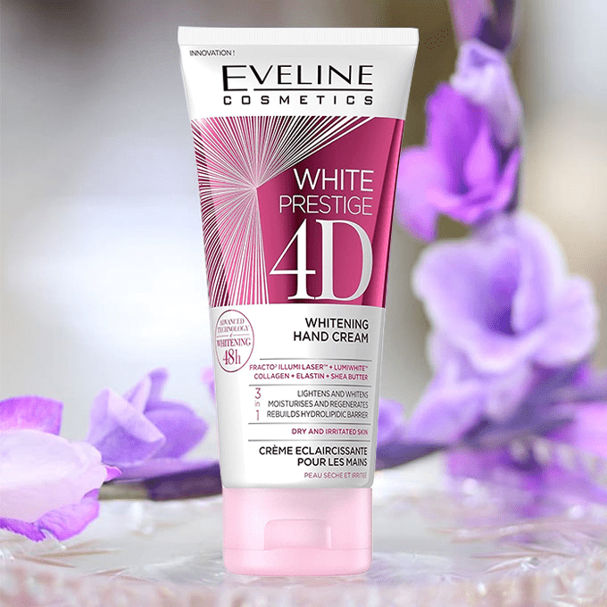 Eveline White Prestige 4D Whitening Hand Cream - 100 ml" can be rephrased as "Eveline 4D Whitening Hand Cream White Prestige - 100 ml